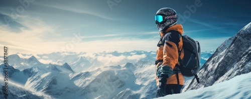 A snowboarder is standing on a big mountain ready to go snowboarding. Generative AI.