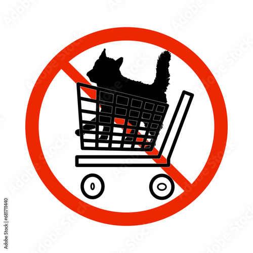 No pet allowed sign isolated on white background. Red round prohibition mark with dog in shopping cart. No dogs symbol for shopping mall and super market. Stock vector illustration