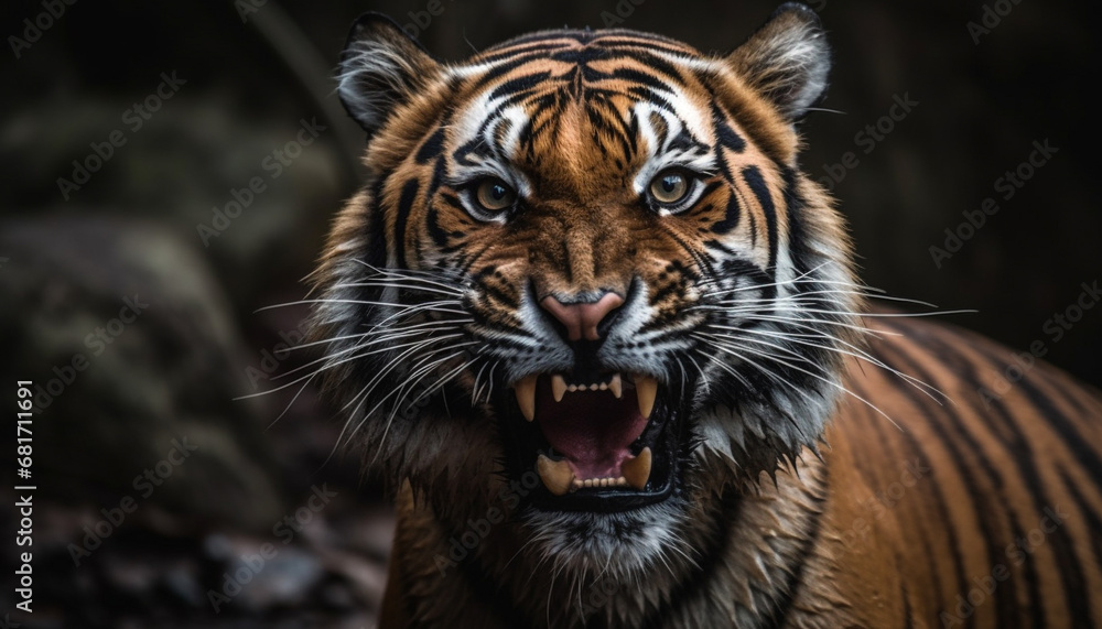 Bengal tiger staring fiercely, teeth bared, in the wild generated by AI