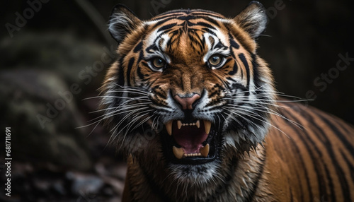 Bengal tiger staring fiercely, teeth bared, in the wild generated by AI