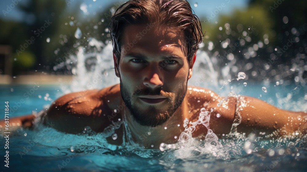 A man swims in the pool. A man swims in the pool.