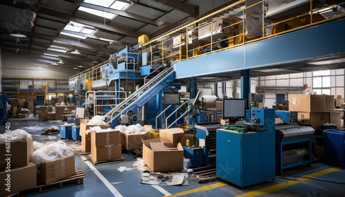 Working in a large factory, men pack cardboard boxes on conveyor belts generated by AI © djvstock
