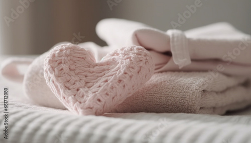 Soft pink knitted towel folded on fluffy pillow for comfort generated by AI