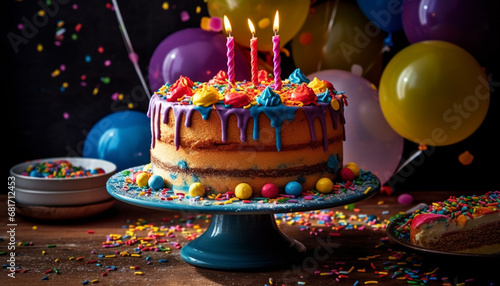 Multi colored birthday cake with candles, confetti, and sweet decorations generated by AI