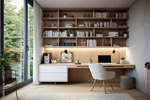 Interior design of modern scandinavian home office with desk and shelves photo