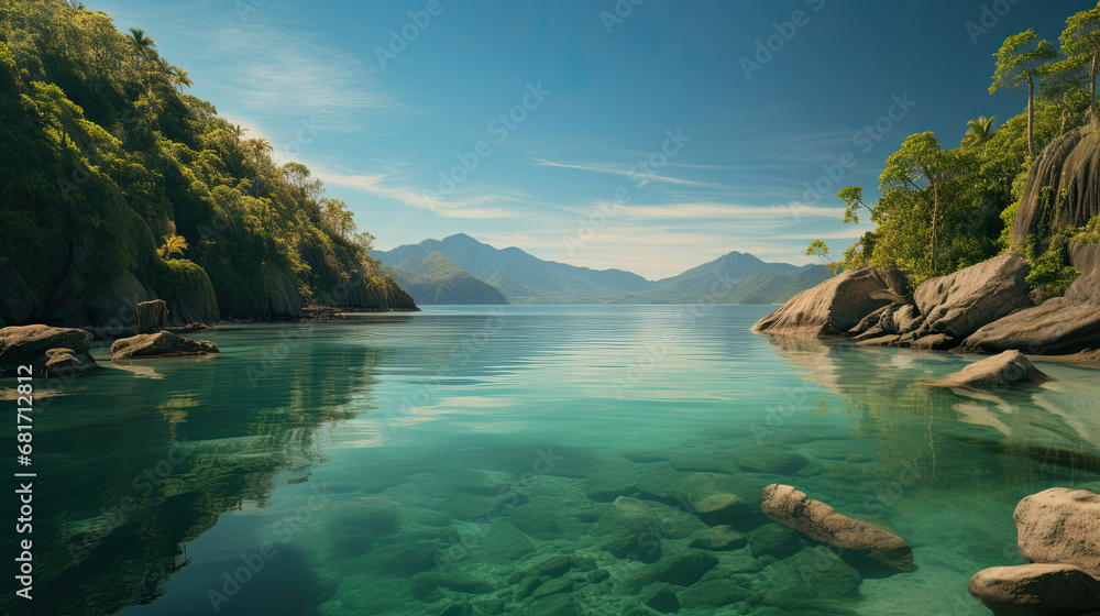 clear water of a bay between mountains and trees