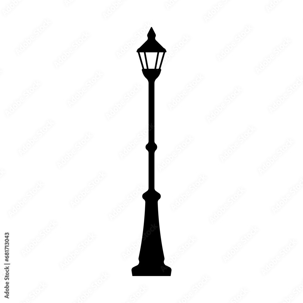Lamp post icon. Street light. Black silhouette. Vertical front side view. Vector simple flat graphic illustration. Isolated object on a white background. Isolate. Lamp post icon. Street light. Black silhouette. Vertical front side view. Vector simple flat graphic illustration. Isolated object on a white background. Isolate.