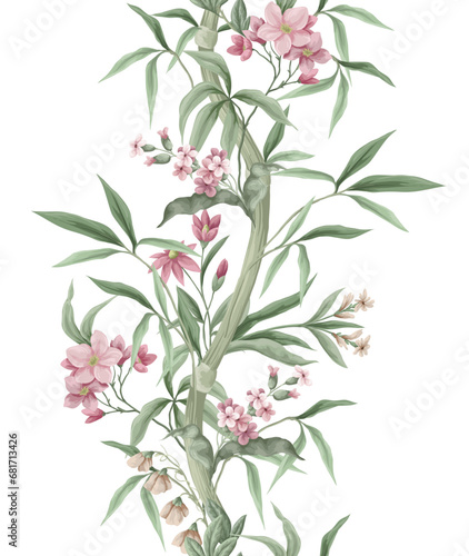 Border with bamboo and pink flowers. Vector.