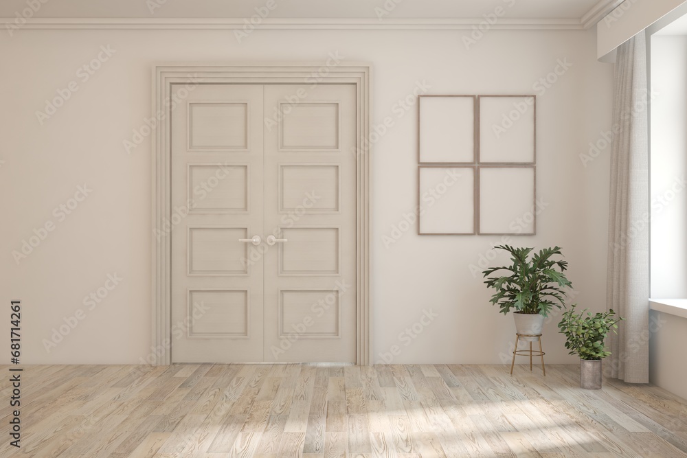 White empty room with summer landscape in window. Scandinavian interior design. 3D illustration White empty room with summer landscape in window. Scandinavian interior design. 3D illustration