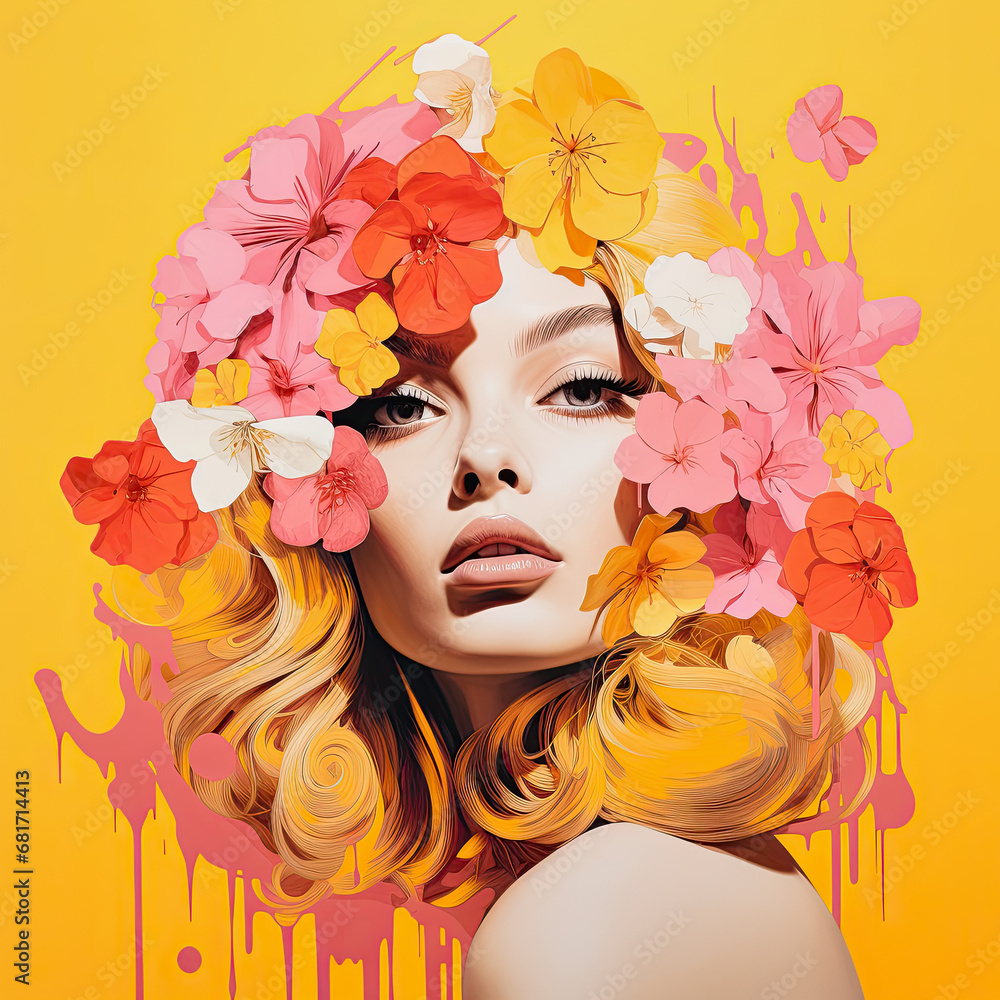 portrait illustration of a blonde woman with pink flowers against yellow background
