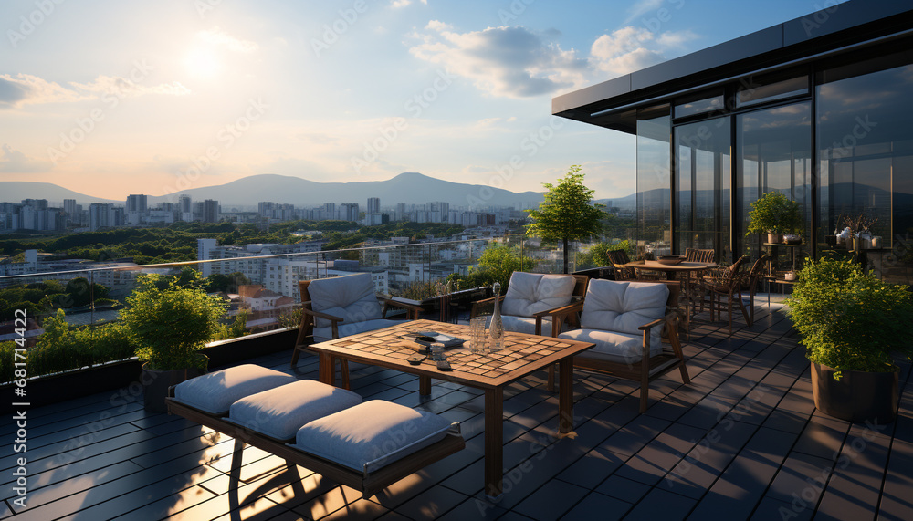 Fototapeta premium Modern cityscape with skyscrapers, sunset, and balcony overlooking the skyline generated by AI