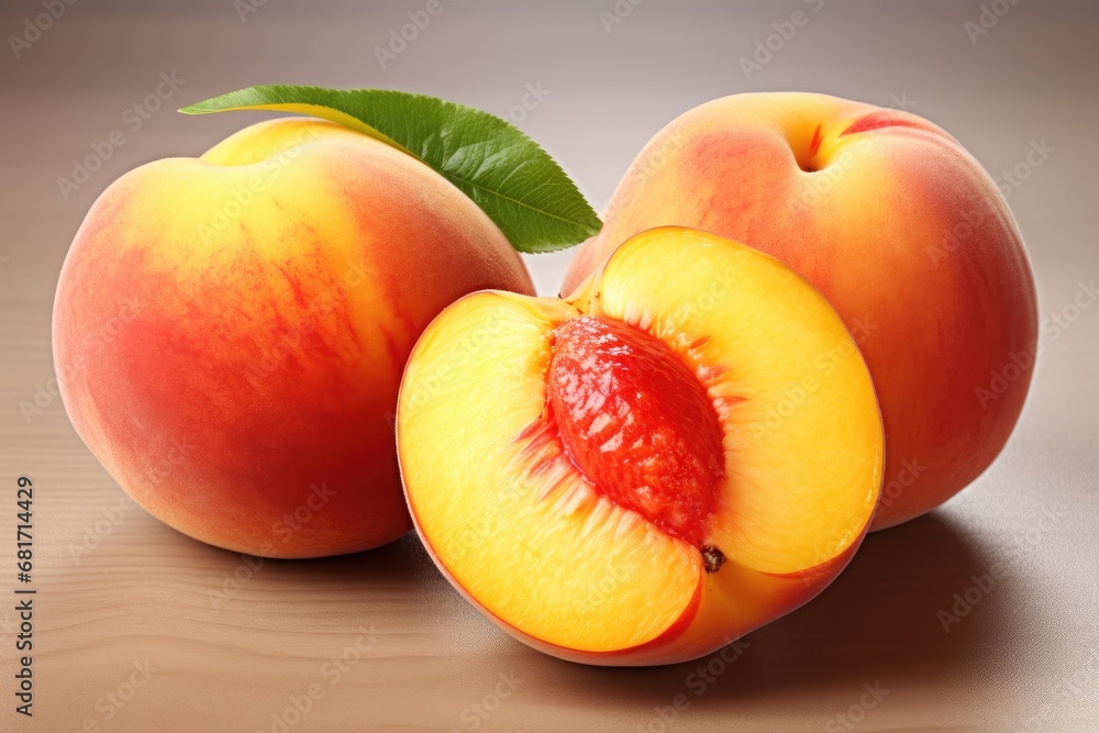 Peaches with green leaves isolated on white background. Clipping path, Three perfect, ripe peaches with a half and slices isolated on white background, AI Generated Peaches with green leaves isolated on white background. Clipping path, Three perfect, ripe peaches with a half and slices isolated on white background, AI Generated