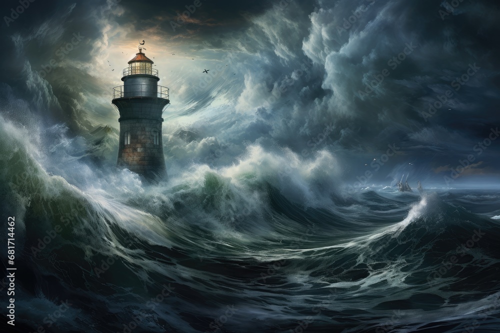 Stormy sea with stormy waves and lighthouse. 3D rendering, Thunder, lightning, and high waves surround a lighthouse in this stormy scene, AI Generated