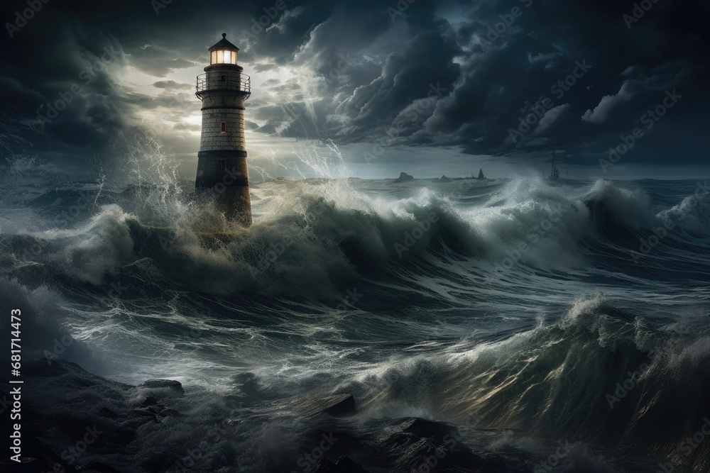 Lighthouse on stormy sea. 3d illustration. Elements of this image furnished by NASA, Thunder, lightning, and high waves surround a lighthouse in this stormy scene, AI Generated