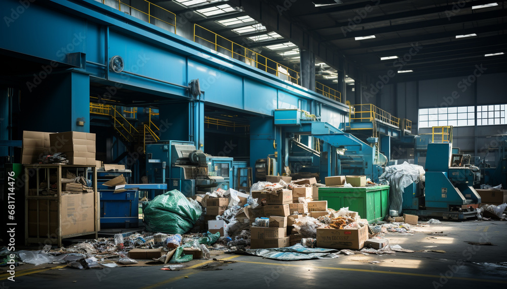 Dirty cardboard boxes stack inside a large, unhygienic factory generated by AI