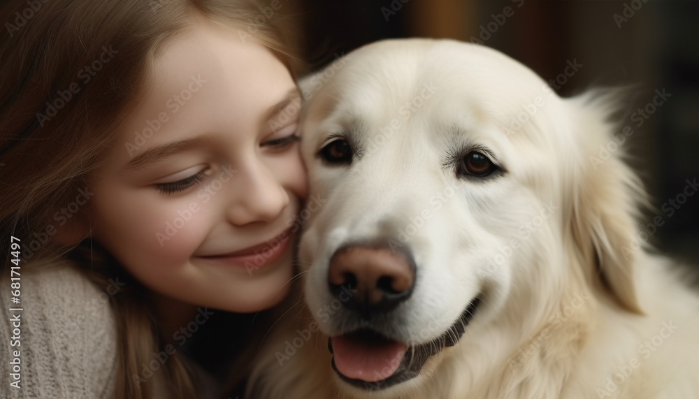 Cute child embracing playful puppy, smiling for portrait outdoors generated by AI Cute child embracing playful puppy, smiling for portrait outdoors generated by AI