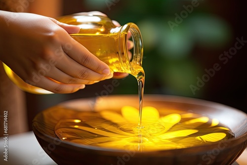 Spa massage oil in bowl. Close up of female hands pouring oil in bowl, Therapist pouring massage oil at the spa closeup, AI Generated photo