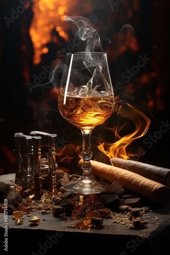 a glass of wine along with a cigar photo