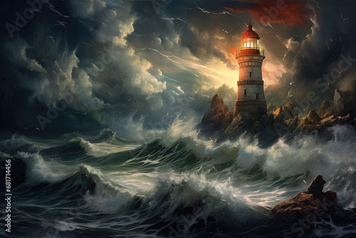 Lighthouse in stormy sea with waves. 3D illustration, Thunder, lightning, and high waves surround a lighthouse in this stormy scene, AI Generated