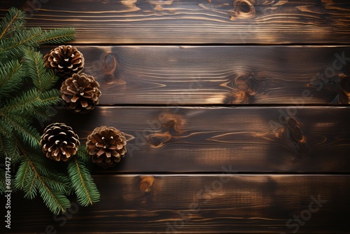 Dark wooden background with pine cones and fir tree branches. New Year, Christmas and holidays greeting card, frame, banner. Flat lay, top view with copy space