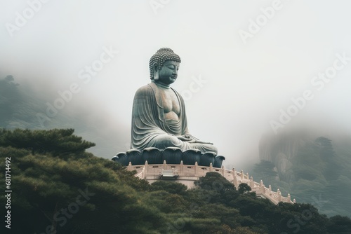 Buddha statue in the foggy mountains, Hong Kong, Tian Tan Buddha in Hong Kong, AI Generated