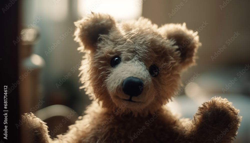 Cute teddy bear sitting, fluffy fur, playful young animal indoors generated by AI Cute teddy bear sitting, fluffy fur, playful young animal indoors generated by AI