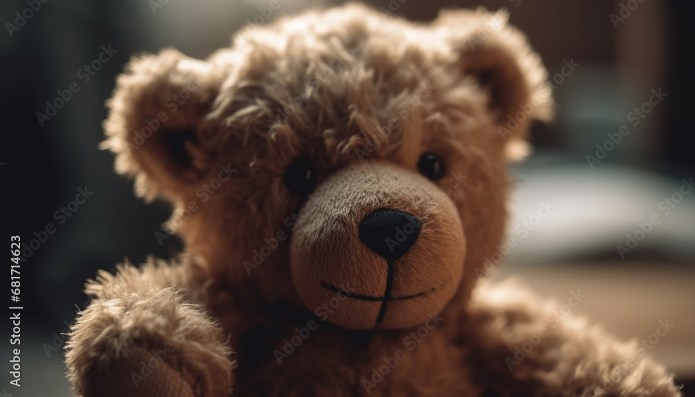 Cute stuffed teddy bear brings joy and childhood memories indoors generated by AI