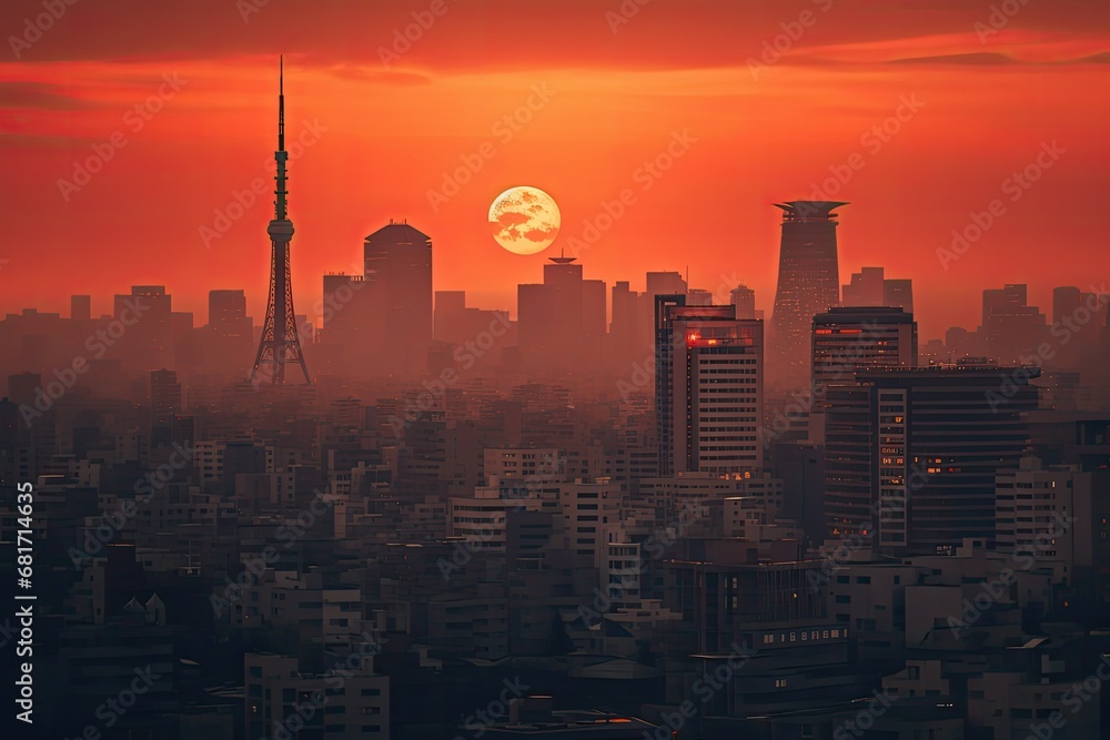 Tokyo city skyline at sunset, Japan. 3D rendering, Tokyo city at sunset, AI Generated
