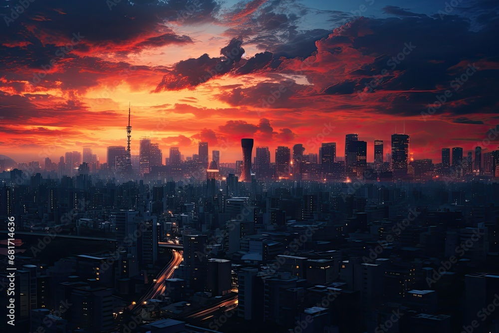 Fototapeta premium Beautiful cityscape with skyscrapers at sunset, 3d render, Tokyo city at sunset, AI Generated