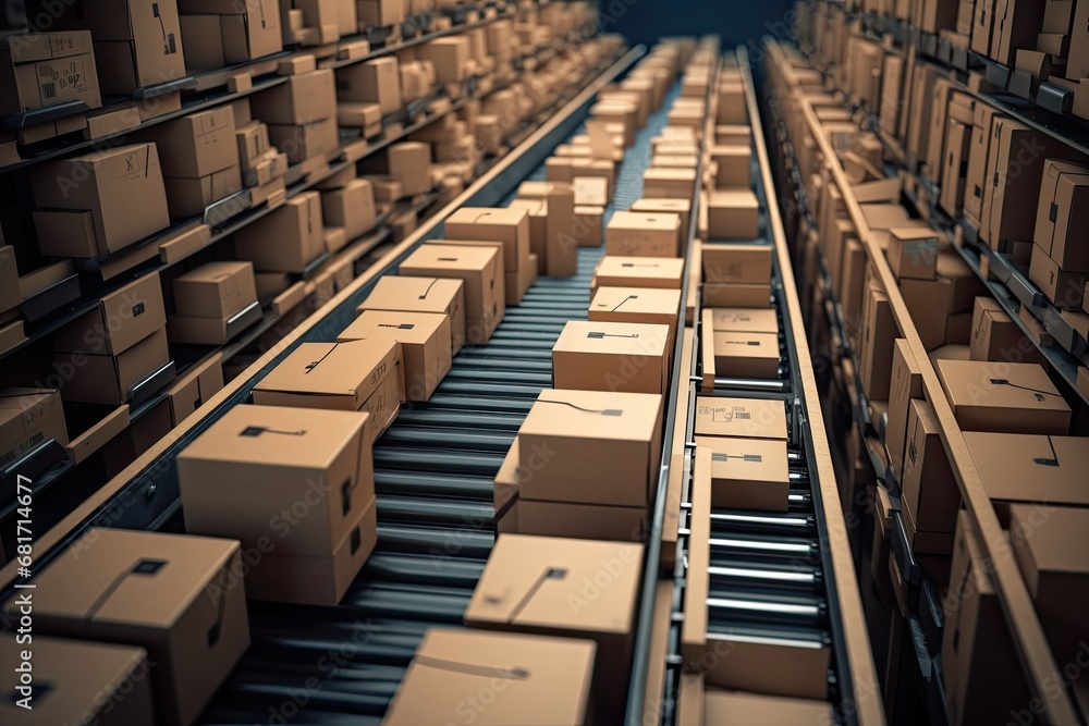 Cardboard boxes on conveyor belt in warehouse. 3d rendering, Top view of boxes on conveyor belt, AI Generated Cardboard boxes on conveyor belt in warehouse. 3d rendering, Top view of boxes on conveyor belt, AI Generated