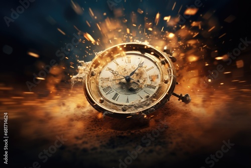 Time concept. Old vintage pocket watch with sparks flying out of it, Time is running out concept shows clock that is dissolving away into little particles , AI Generated