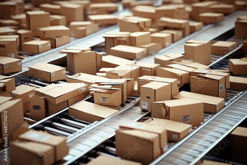 Boxes on conveyor belt in warehouse. Shallow depth of field, Top view of boxes on conveyor belt, AI Generated © Iftikhar alam