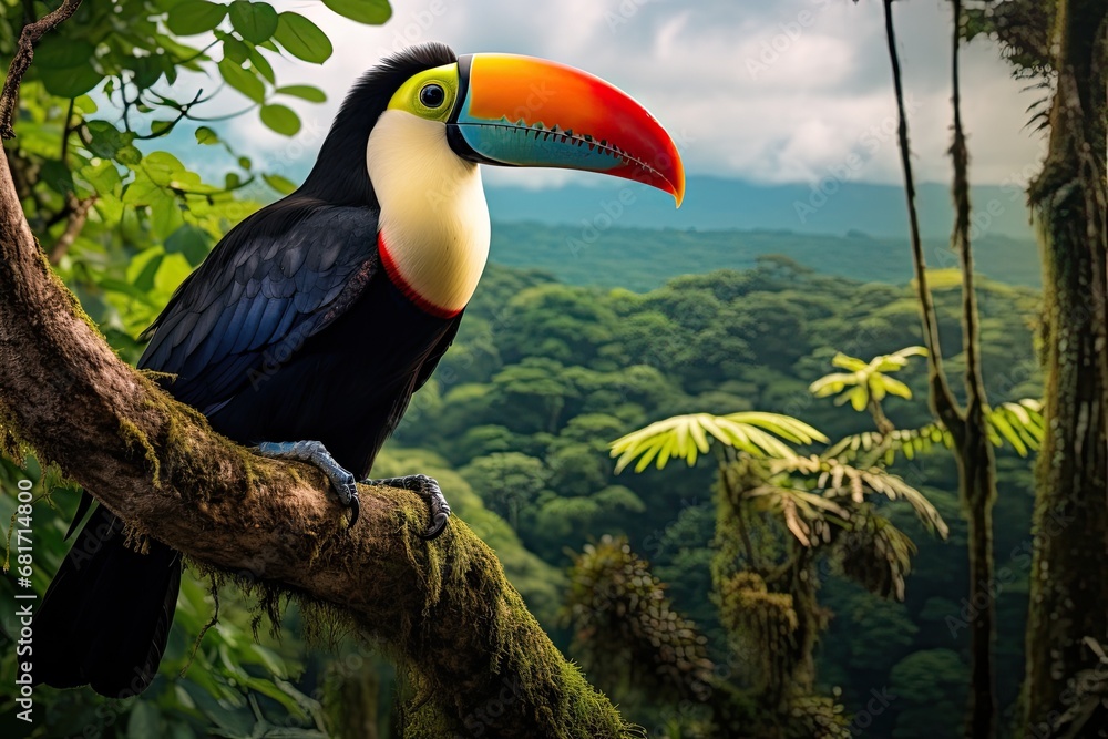 Naklejka premium Toucan in the rainforest of Costa Rica, Central America, Toucan overlooking the Amazon rainforest, AI Generated