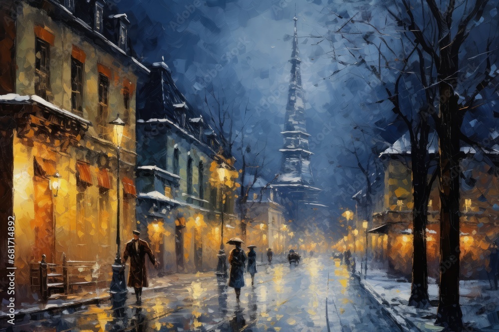 Digital painting of a street in Prague in winter, Czech Republic, town in the evening, impressionism oil painting, AI Generated