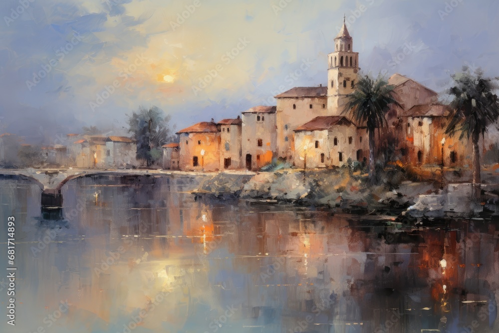 Digital painting of the medieval city of Rovinj, Croatia, town in the evening, impressionism oil painting, AI Generated