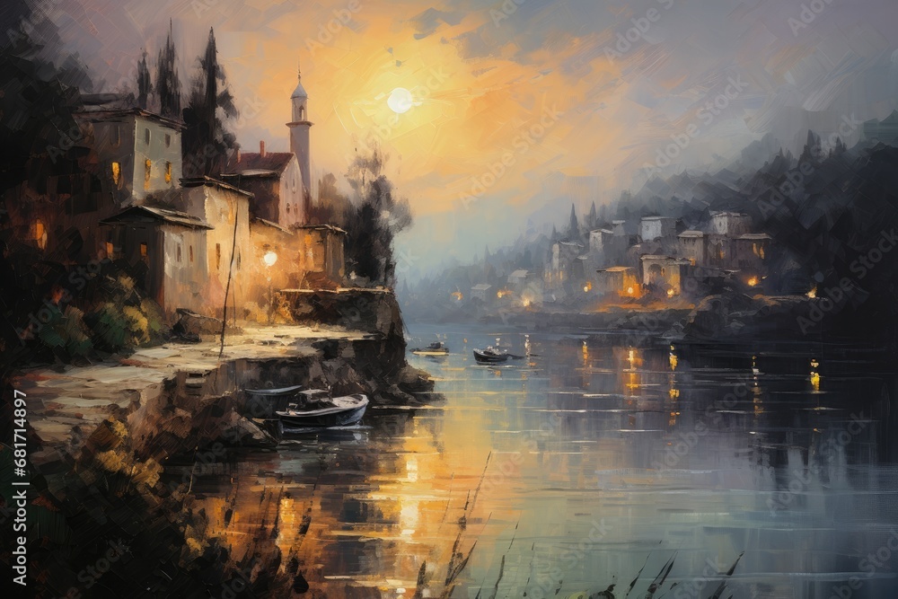 Digital painting of a small village on the bank of a lake at sunset, town in the evening, impressionism oil painting, AI Generated