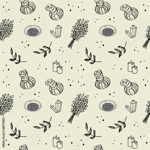 Ayurveda seamless pattern hand drawn vector repeating background. Ornament with candles, aroma oil, herbs,incense. Concept Indian massage, body care, lifestyle, energy health, traditional Hindu system