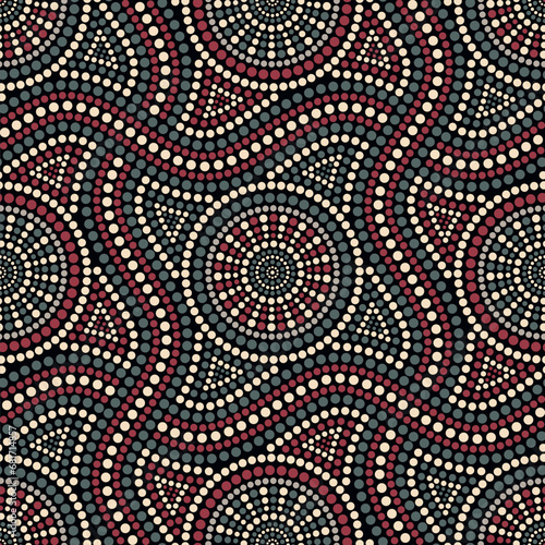 Seamless abstract geometric pattern with wavy lines and concentric dotted circles. Ethnic tribal style with colorful small dots on a black background. Decorative mosaic. Vector illustration.