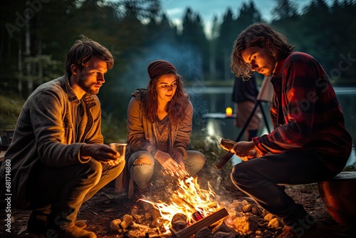 Group of young friends roasting marshmallows on bonfire in the forest, Tourists Frying Marshmallows at Camping Bonfire, AI Generated
