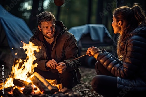 Young couple roasting marshmallows over campfire in the forest, Tourists Frying Marshmallows at Camping Bonfire, AI Generated