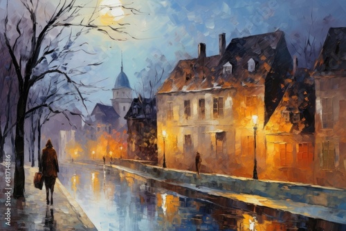 Watercolor painting of a winter street in the old town of Bruges, Belgium, town in the evening, impressionism oil painting, AI Generated