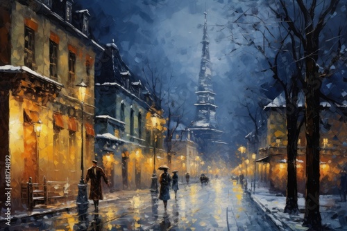 Digital painting of a street in Prague in winter, Czech Republic, town in the evening, impressionism oil painting, AI Generated