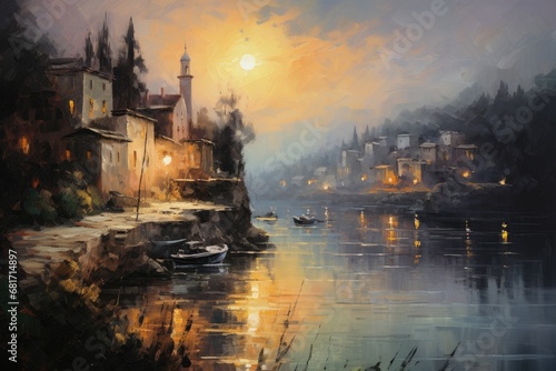 Digital painting of a small village on the bank of a lake at sunset, town in the evening, impressionism oil painting, AI Generated photo