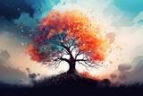 Colorful autumn landscape with a big tree. Digital painting. Vector illustration, tree digital abstract illustration, AI Generated