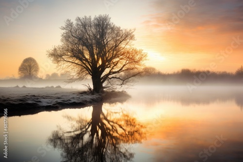 Beautiful winter landscape with a tree on the river bank at sunrise, Tree reflected in river on misty morning, AI Generated