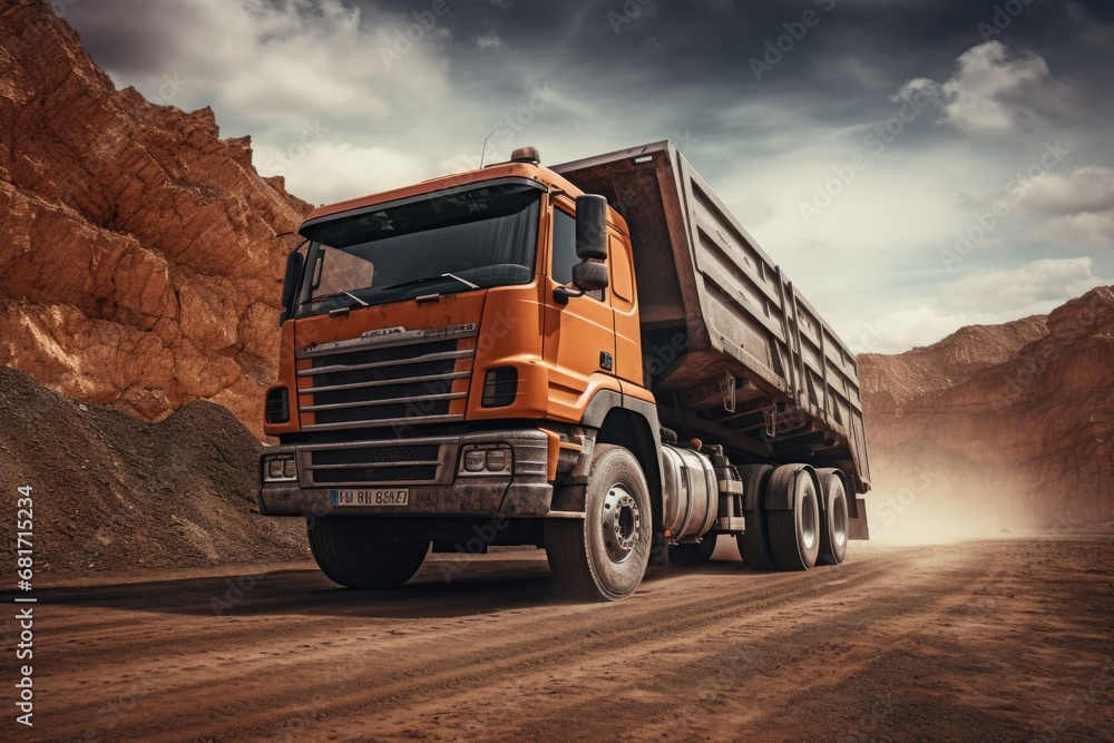 Truck on the road in a quarry. 3d rendering, Truck for loading bulk cargo of iron ore at a construction site, AI Generated
