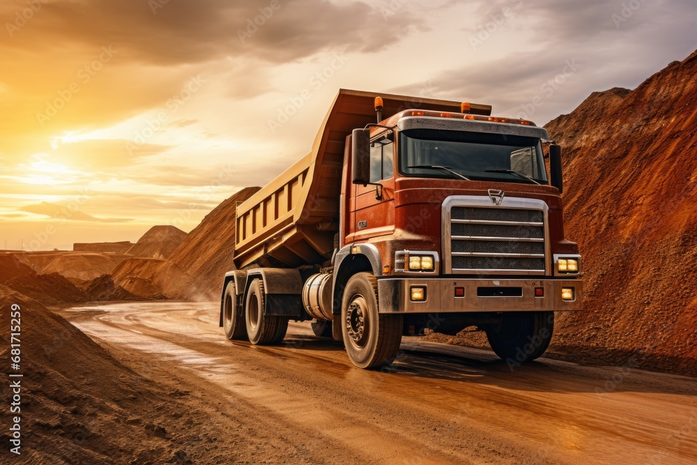 Dump truck in the sand quarry at sunset. Concept of heavy industry, Truck for loading bulk cargo of iron ore at a construction site, AI Generated
