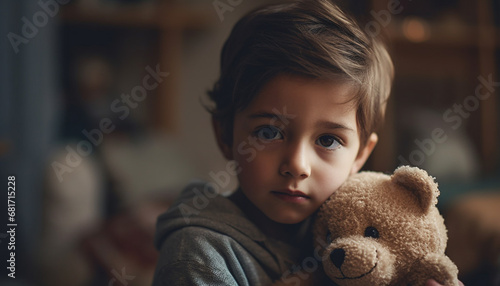Smiling Caucasian boy holding teddy bear, enjoying domestic room embrace generated by AI
