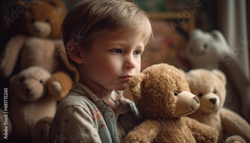 Cute toddler holding stuffed toy, looking out window with innocence generated by AI