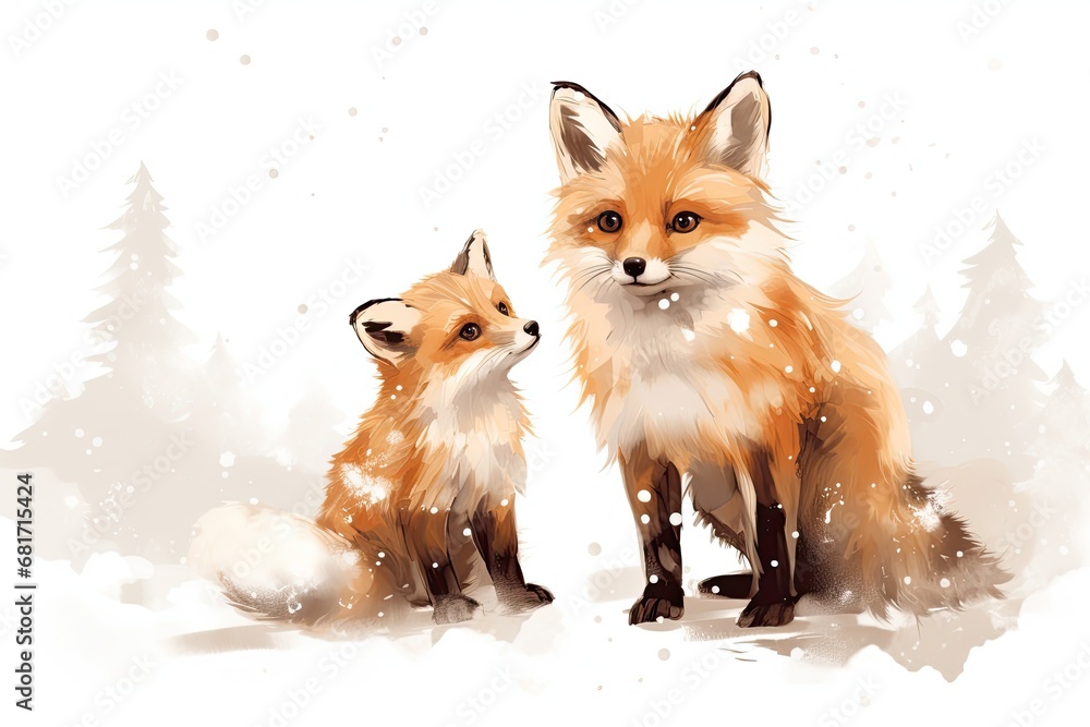Obraz premium Red fox family in winter forest. Watercolor painting. Vector illustration, two small cute foxes in the snow,illustration,animals in the snow, AI Generated